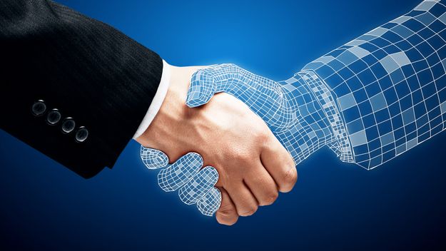 Handshake between a human and a digital counterparty. 