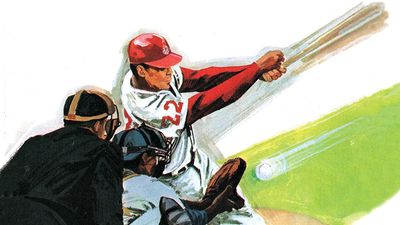 2:054-55 Baseball: How Pitchers Fool Batters, pitcher pitches the ball to the batter, batter swings, umpire and catcher behind him