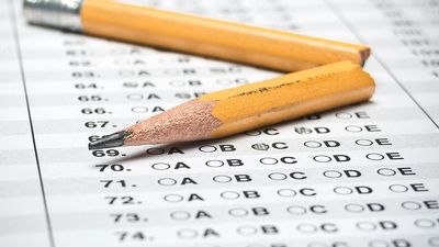 Broken pencil on a standardized test. (testing, education, exam, SAT test)