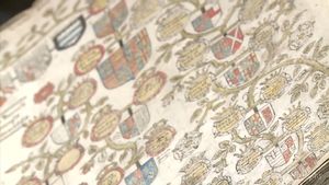 See an old manuscript representing the detailed family tree of Elizabeth I from Edward III