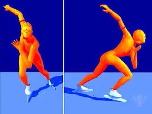 Observe the front and side glide stride technique of a speed skater
