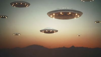 Invasion of alien spaceships at sunset, illustration.