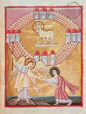 The Angel Shows John the Heavenly Jerusalem, from the Apocalypse of St. John, c. 1020; in the Staatsbibliothek Bamberg, Germany (MS. 140)