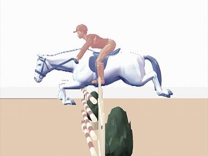 Study the rider's half-seat position as it guides the horse over a vertical fence