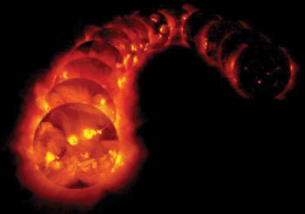 12 solar X-ray images (Yohkoh)shown were obtained between 1991 and 1995, and show the decrease in solar coronal brightness (by about a factor of 100) as the sun goes from an &quot;active&quot; state to a less active state.